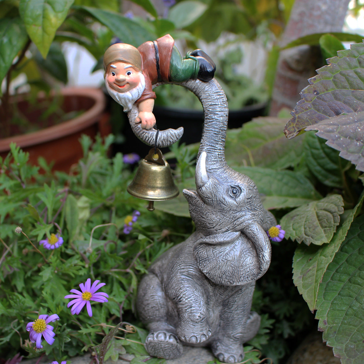 Dwarf Gnomes Elephant Bell Resin Statues
