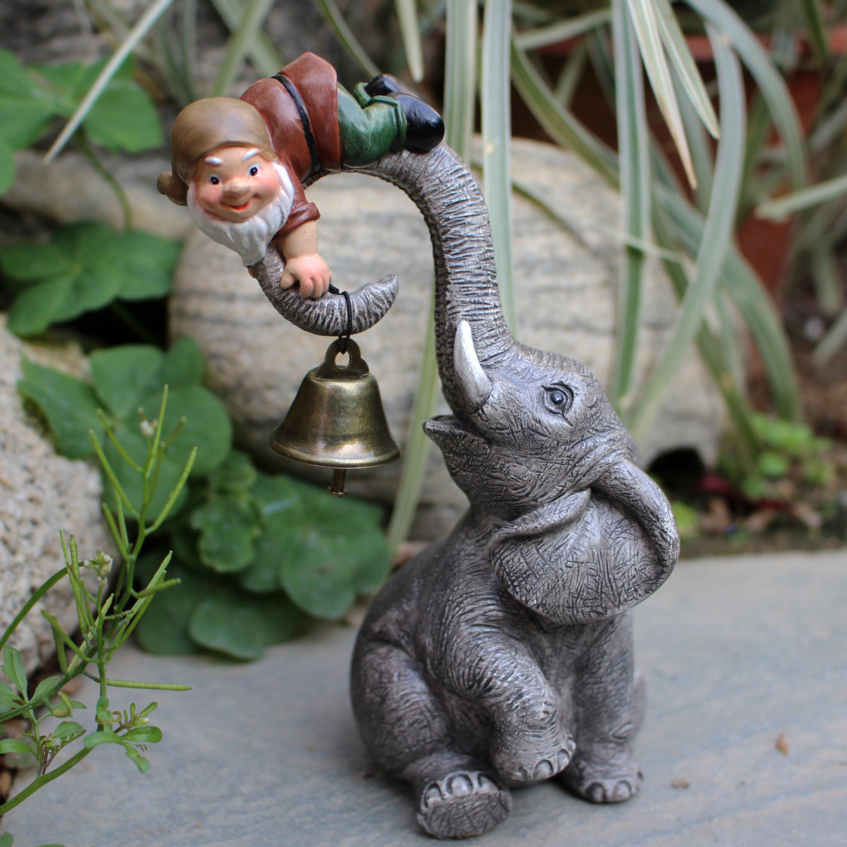 Dwarf Gnomes Elephant Bell Resin Statues