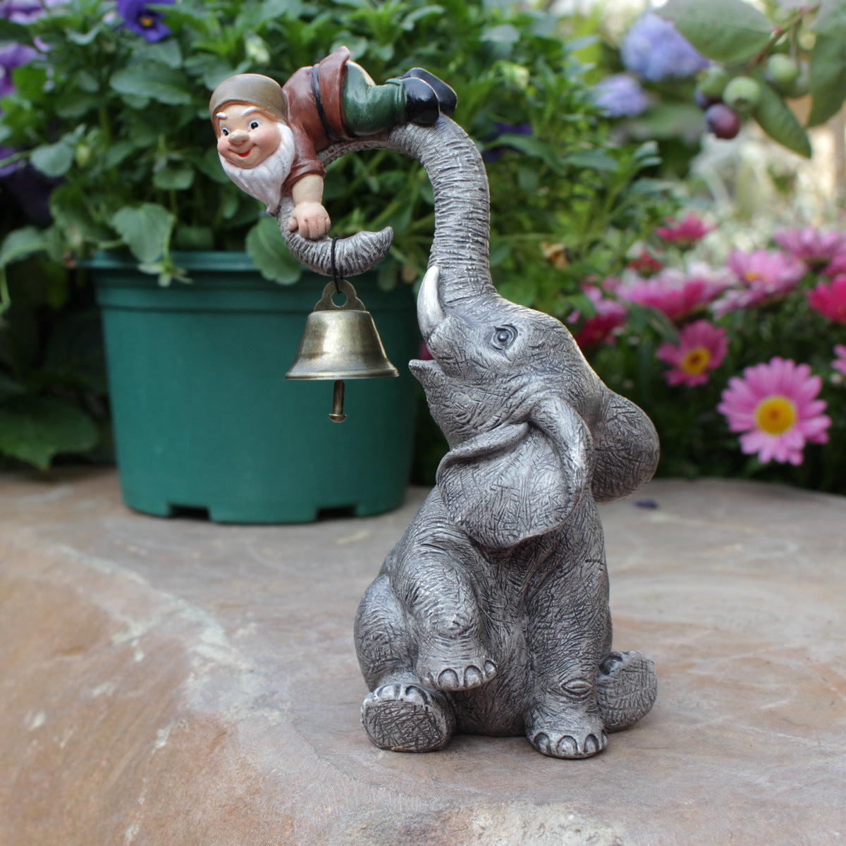 Dwarf Gnomes Elephant Bell Resin Statues