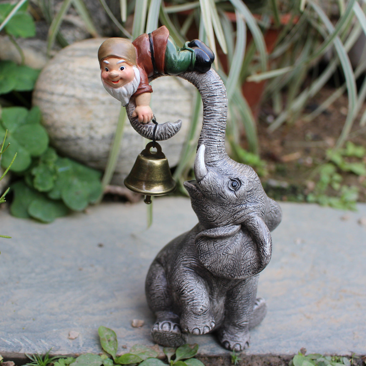 Dwarf Gnomes Elephant Bell Resin Statues